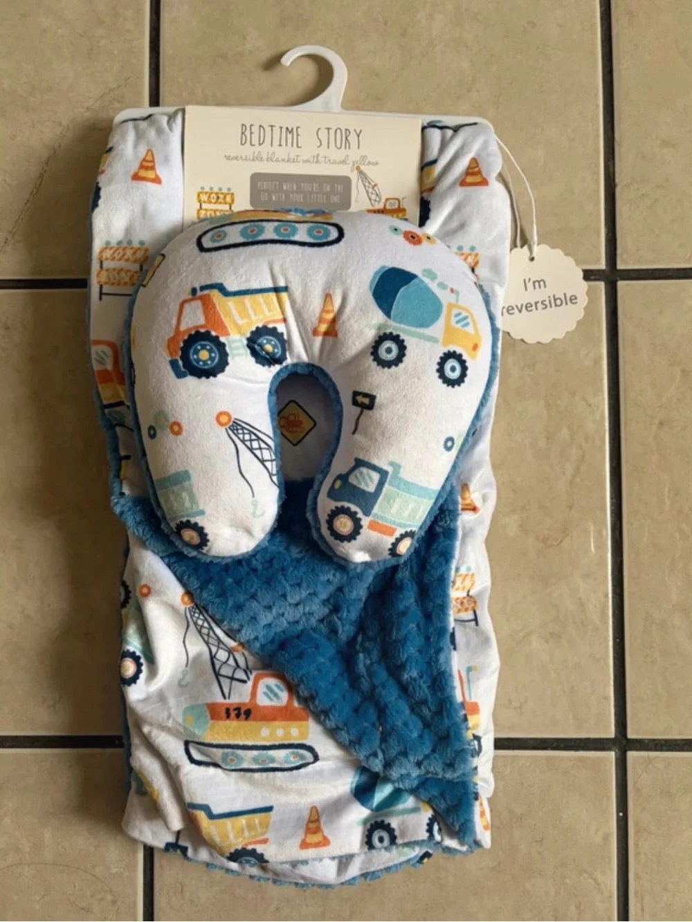 Reversible Kids Neck Pillow and Blanket Set - Blue Construction Print